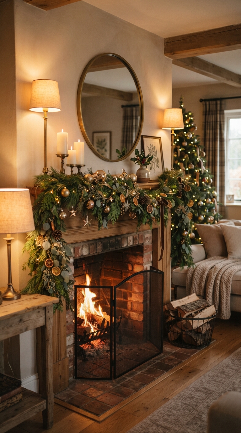 Christmas mantel decor with pine garland, pillar candles, and gold ornaments styled in warm lighting