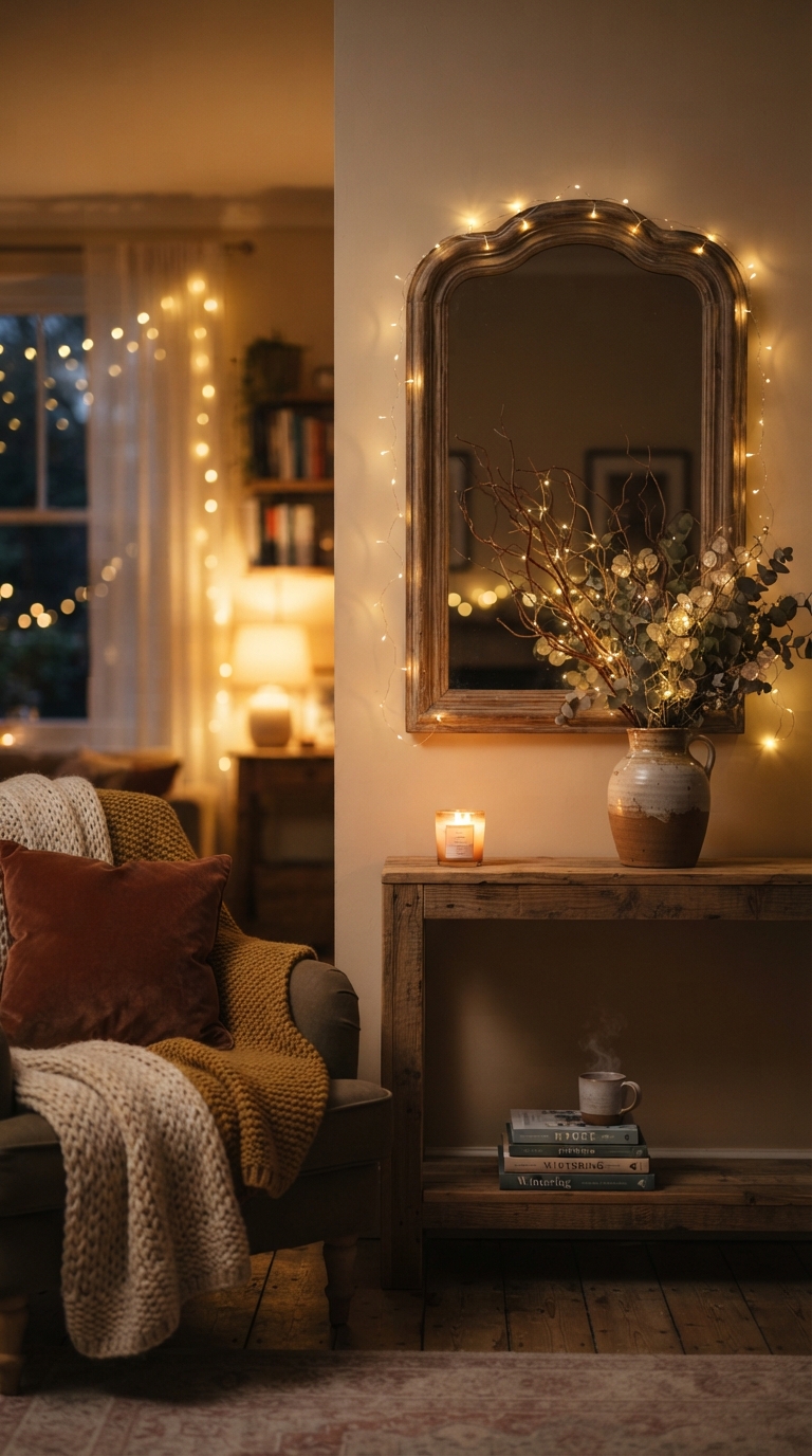 Warm fairy lights draped around a mirror and dried branches creating a cozy Christmas glow