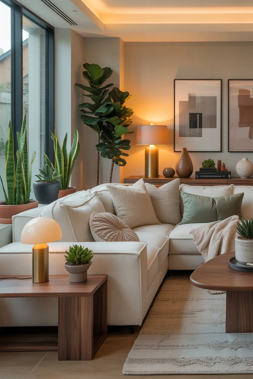 "Cozy modern living room with warm ambient lighting, indoor plants, neutral tones, and stylish decor accessories, creating a welcoming and inviting atmosphere