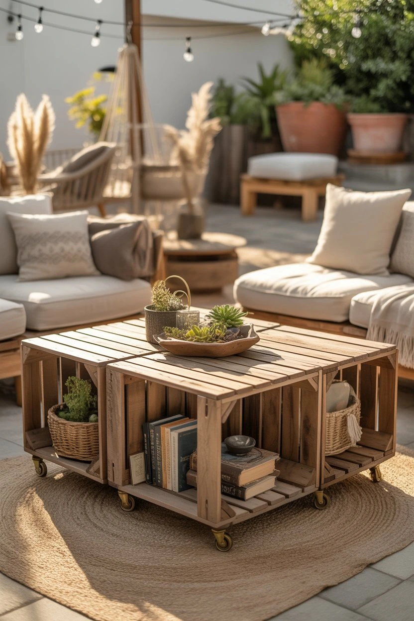 DIY crate coffee table made from stacked wooden crates on an outdoor patio, serving as a coffee table with built-in storage and a cozy seating setup.