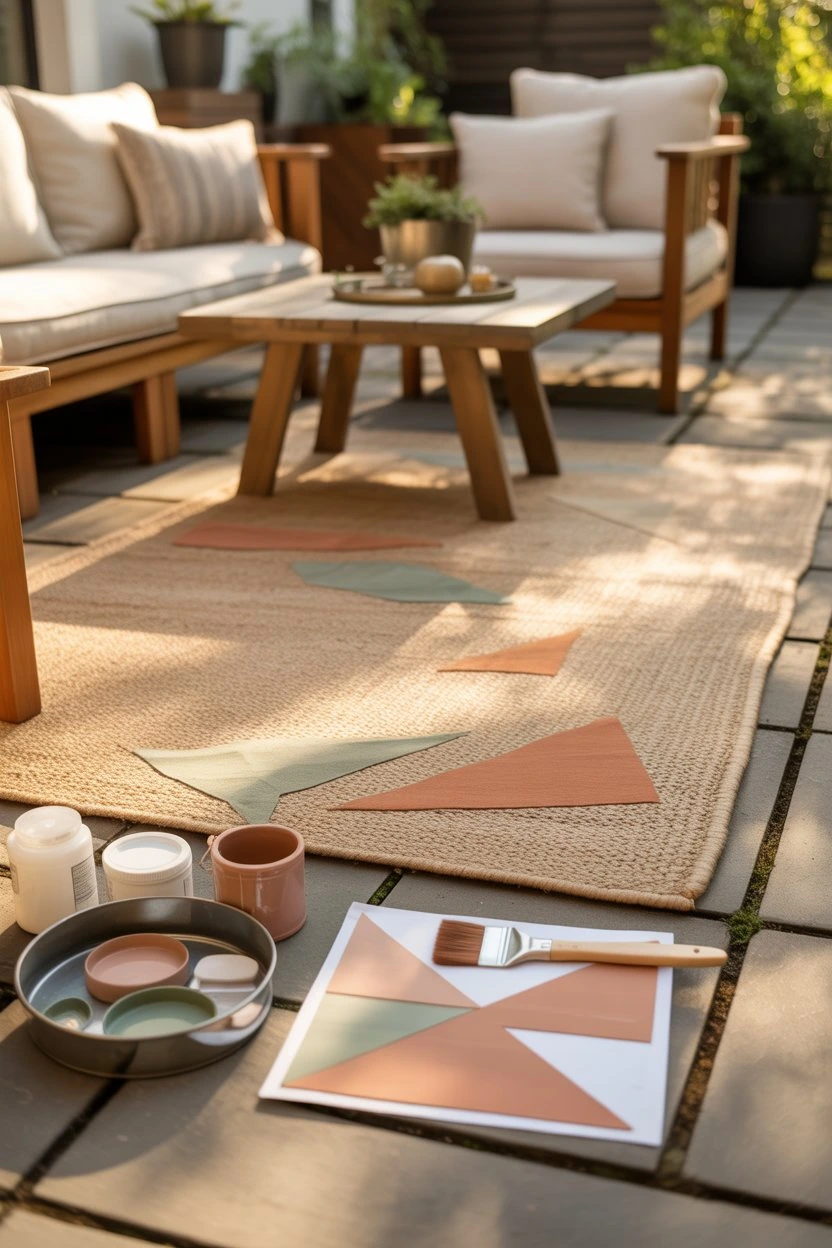 DIY outdoor rug with painted or stenciled geometric patterns placed under a small patio seating area, creating a cozy and organized outdoor space.