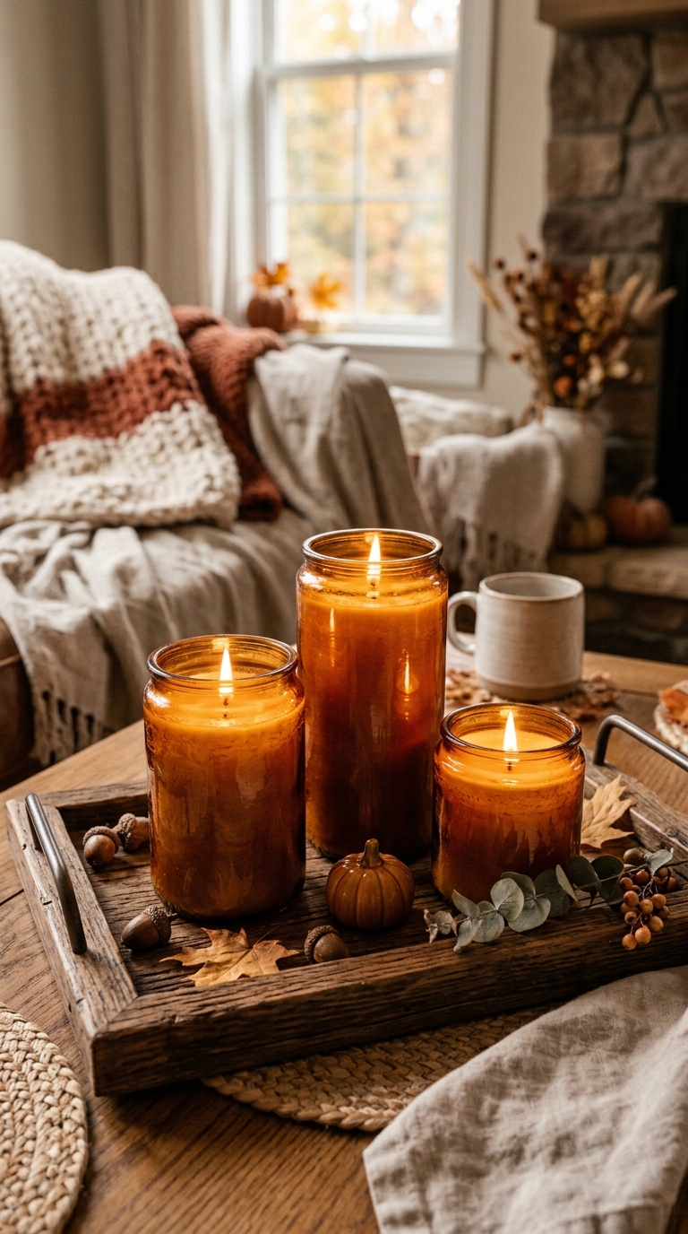 Amber candles styled on a wooden tray for fall indoor decor and cozy home ambiance