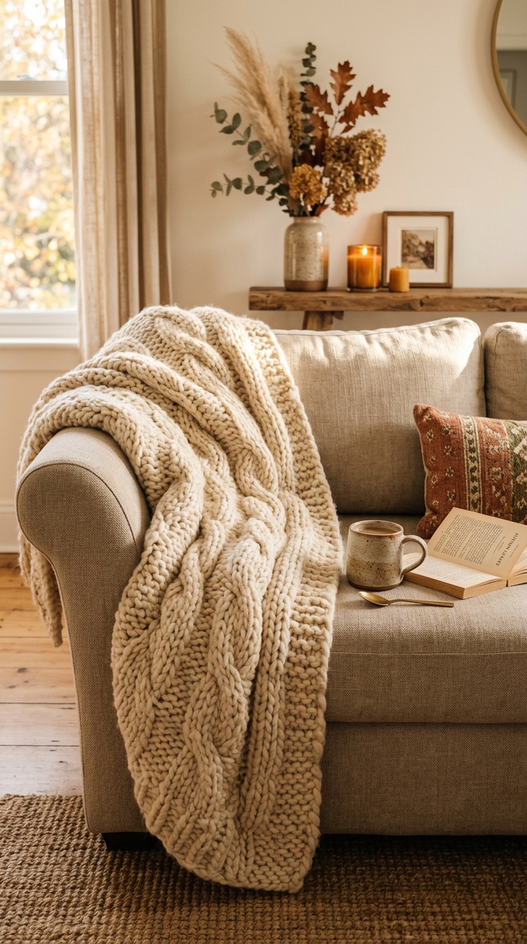 Chunky knit blanket draped over a sofa for cozy fall indoor decor inspiration