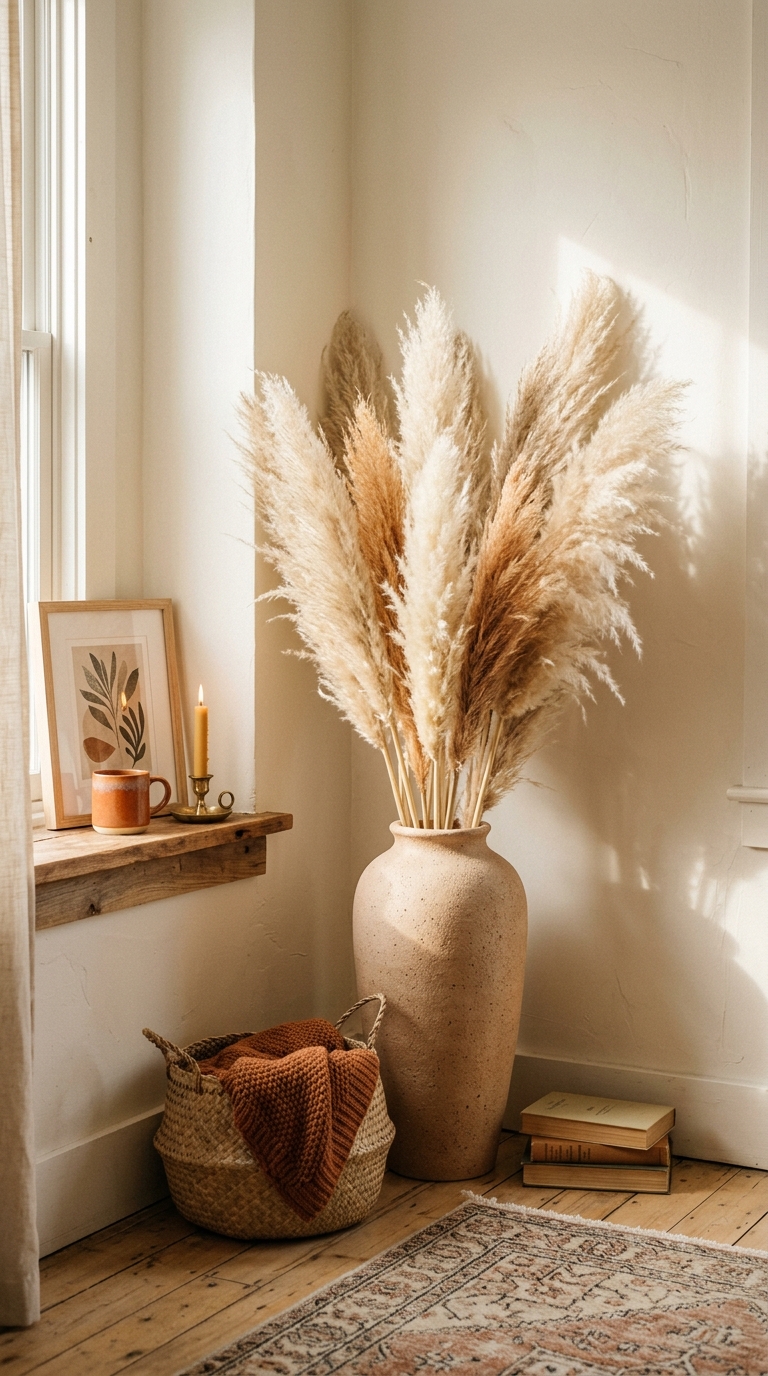 Dried pampas grass styled in a ceramic vase as a fall indoor decor accent