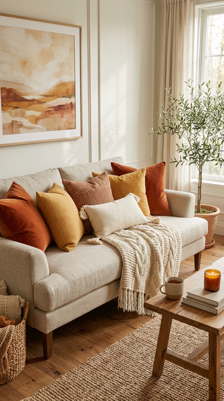 Fall living room decor idea with burnt orange and mustard throw pillows layered on a neutral sofa