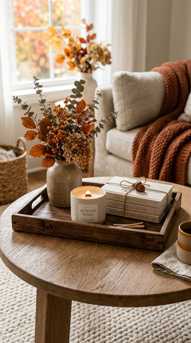 Wooden tray styled with candle and books for fall indoor decor on a coffee table