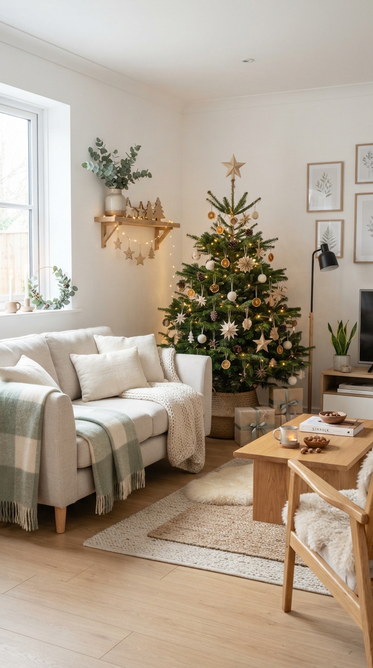 Scandinavian-inspired neutral Christmas decor with wood ornaments and cream tones