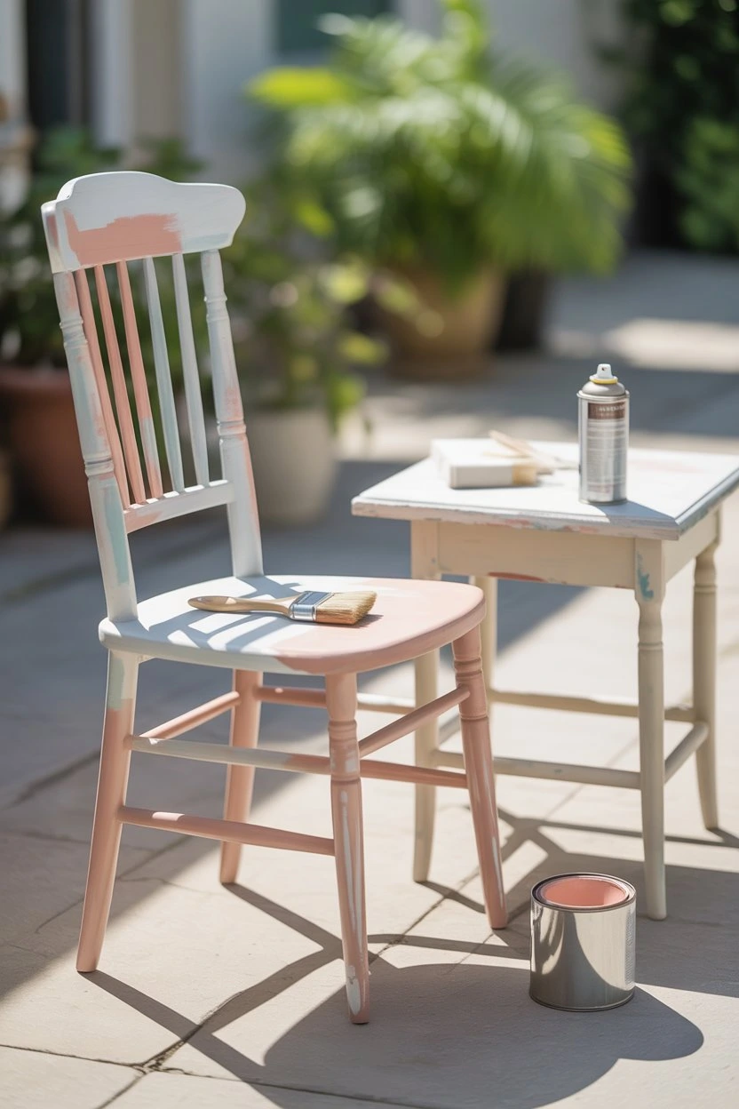 Freshly painted old wooden chair and small table in soft white and beige tones on an outdoor patio, showing a DIY furniture makeover with paint supplies nearby.