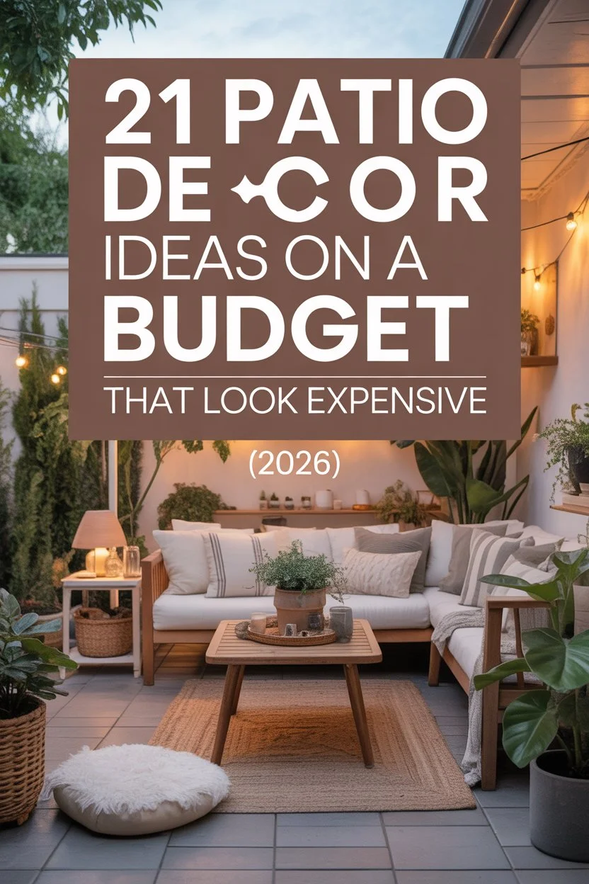 Cozy and stylish patio decorated on a budget with plants, string lights, cushions, and small furniture for 2026 outdoor decor ideas