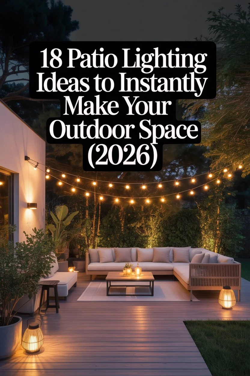 Cozy outdoor patio at night with warm string lights, lanterns, and soft glowing lights creating a welcoming seating area for a stylish outdoor space.