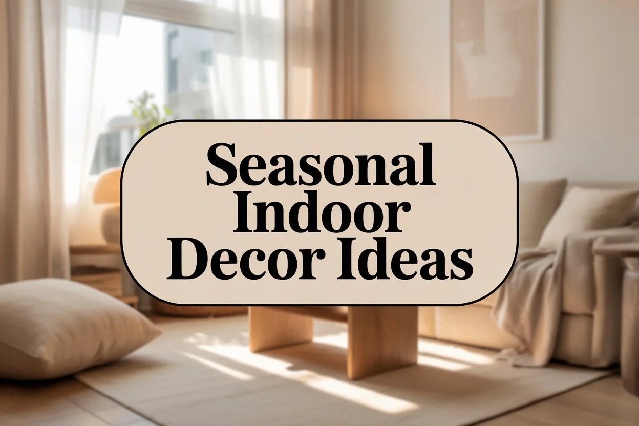 “Seasonal indoor decor ideas text overlay on a warm minimalist living room with neutral furniture and soft natural lighting.”
