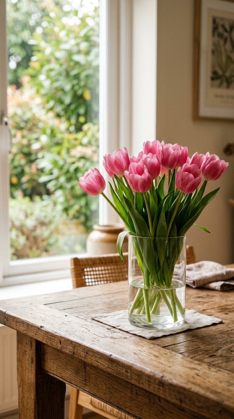 Fresh pink tulips styled in a glass vase on a dining table for spring indoor decor