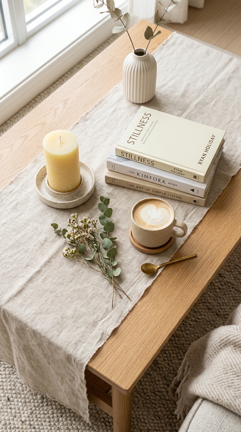 Spring home decor idea with pastel yellow candle and linen table runner styled on a coffee table