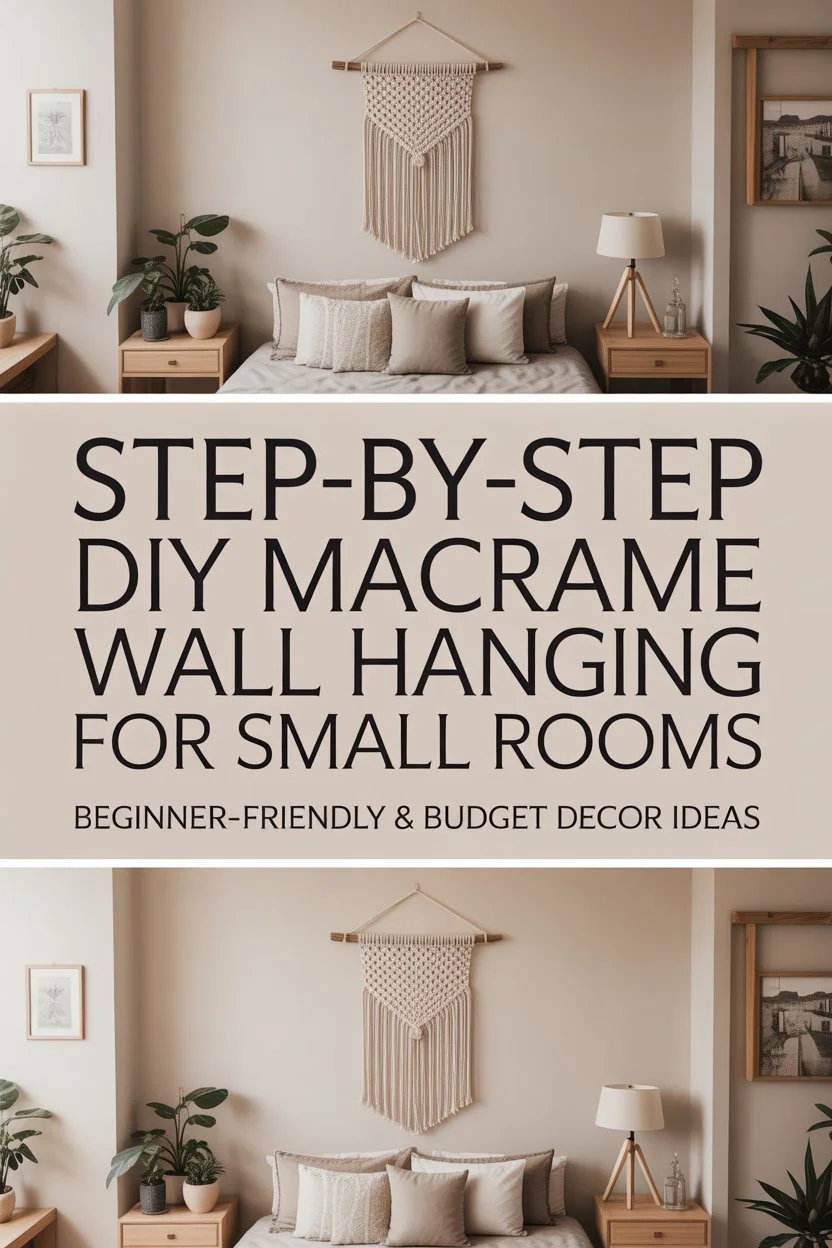 Step-by-step DIY macrame wall hanging displayed in a cozy small room, beginner-friendly indoor decor, neutral colors, indoor plants, soft lighting, stylish small apartment wall decor.