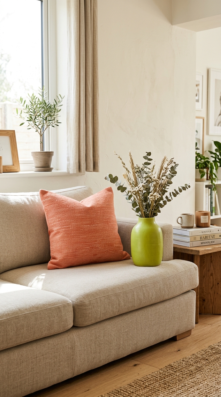 Coral and lime green summer decor accents styled on a neutral sofa