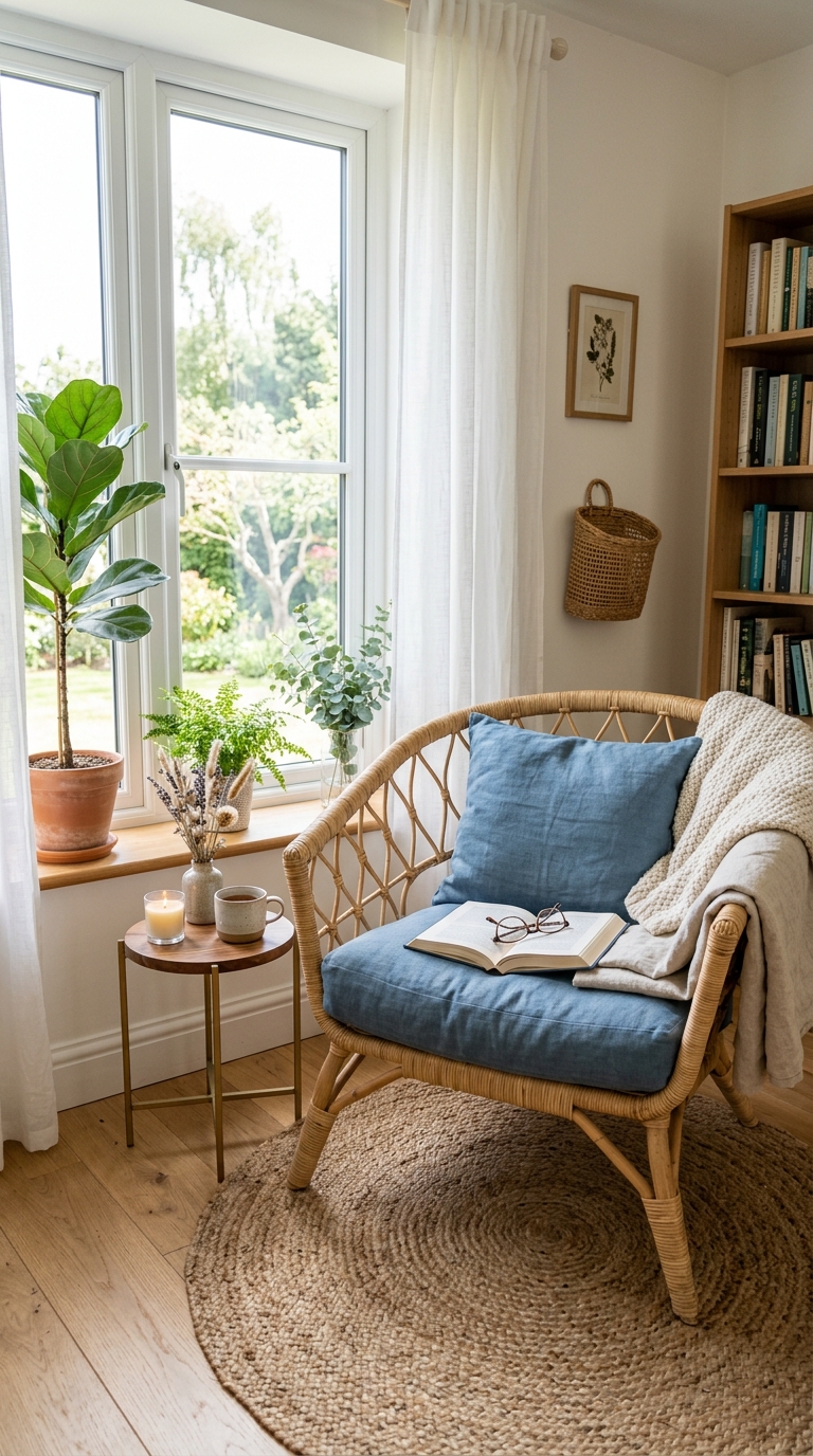 Coastal-inspired summer decor corner with rattan chair and jute rug styled in natural light
