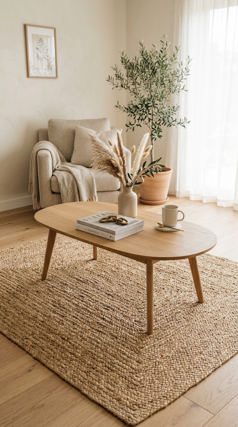 Natural jute rug styled in a bright living room as a summer indoor decor swap idea