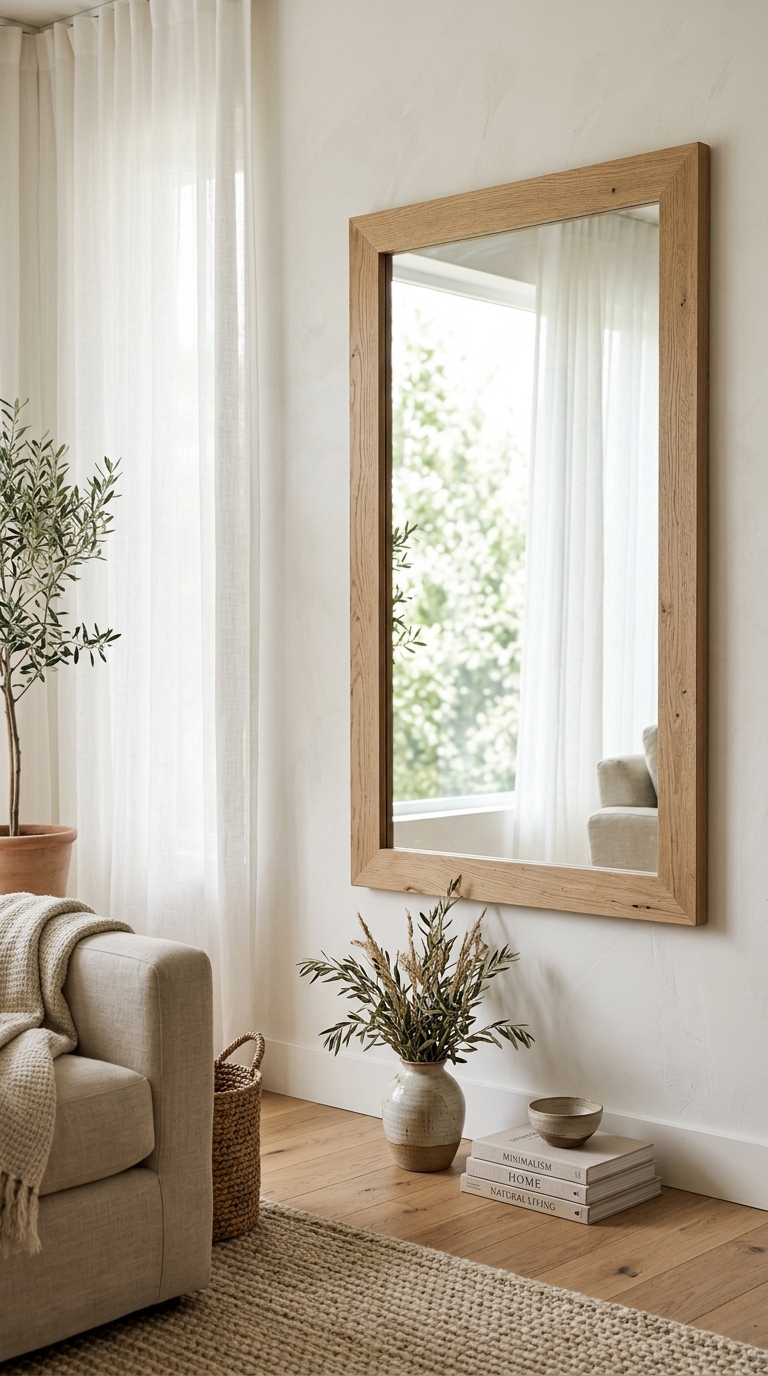 Mirror styled to reflect natural light in a bright summer living room decor idea