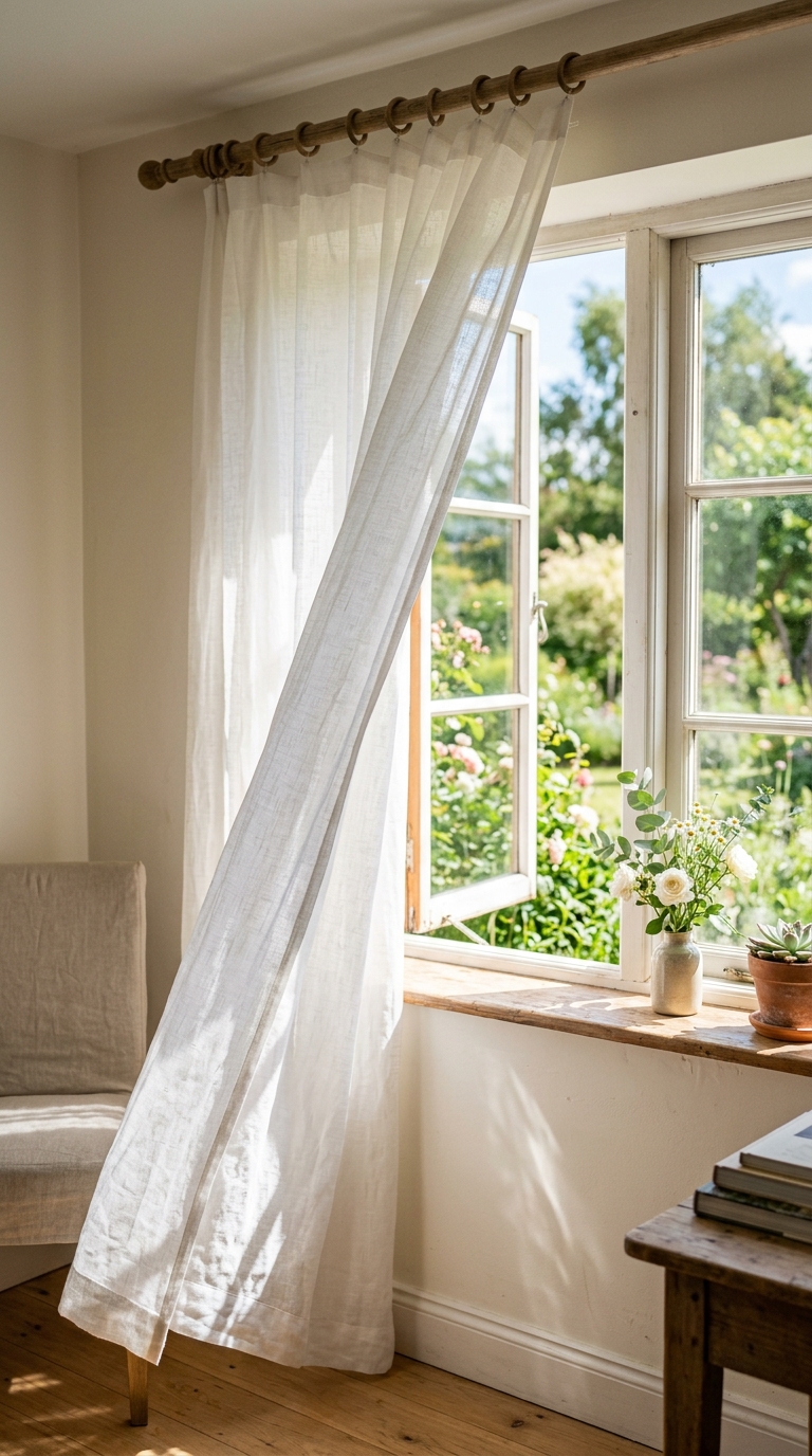 Sheer linen curtains styled in a bright window as a summer indoor decor refresh idea