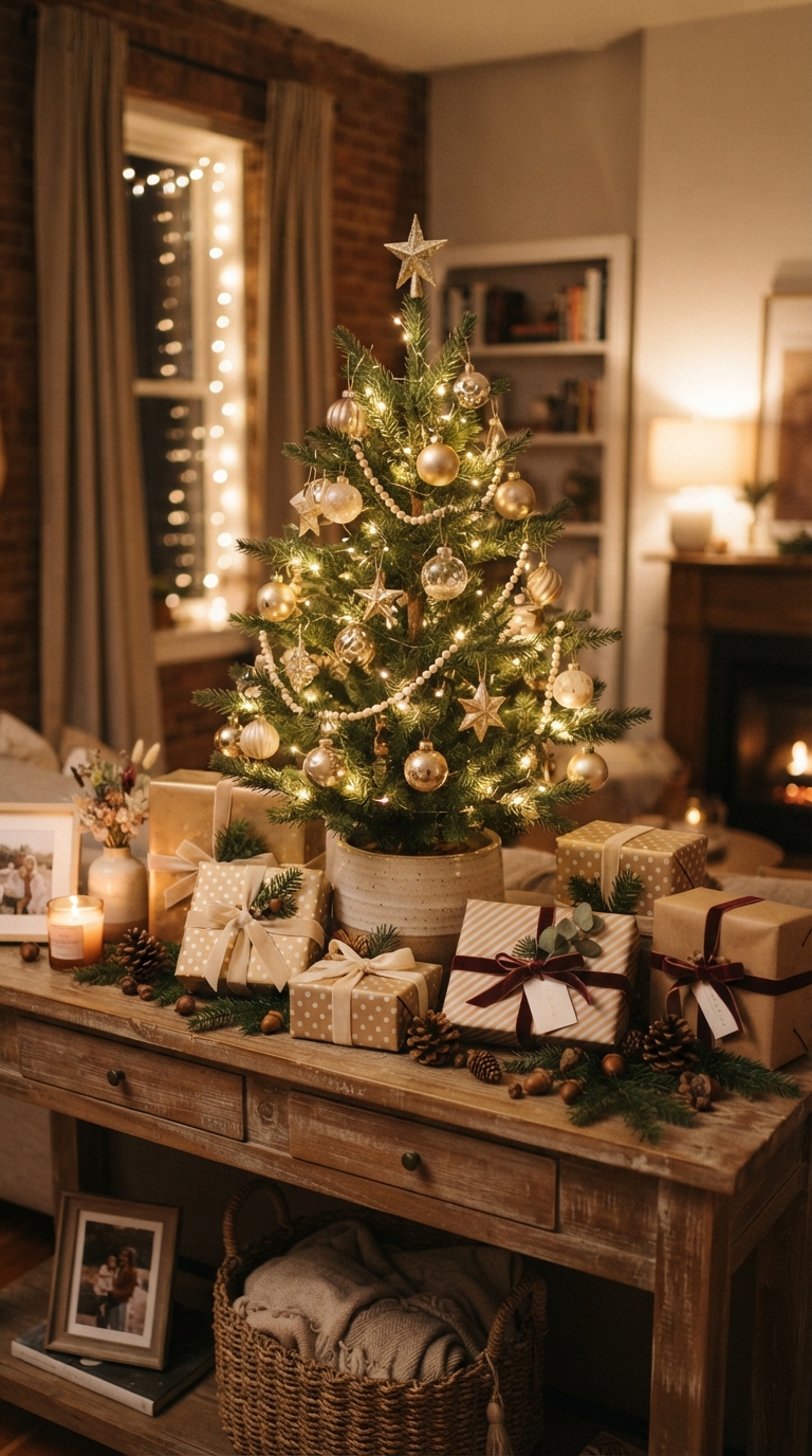 Small tabletop Christmas tree with gift boxes and pinecones styled for a cozy apartment corner