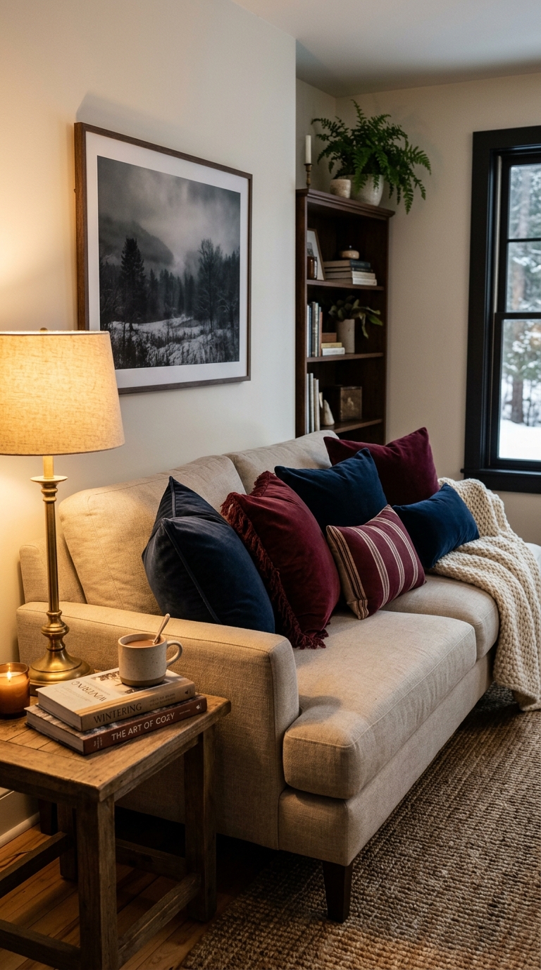 Burgundy and navy velvet cushions styled on a sofa for cozy winter indoor decor