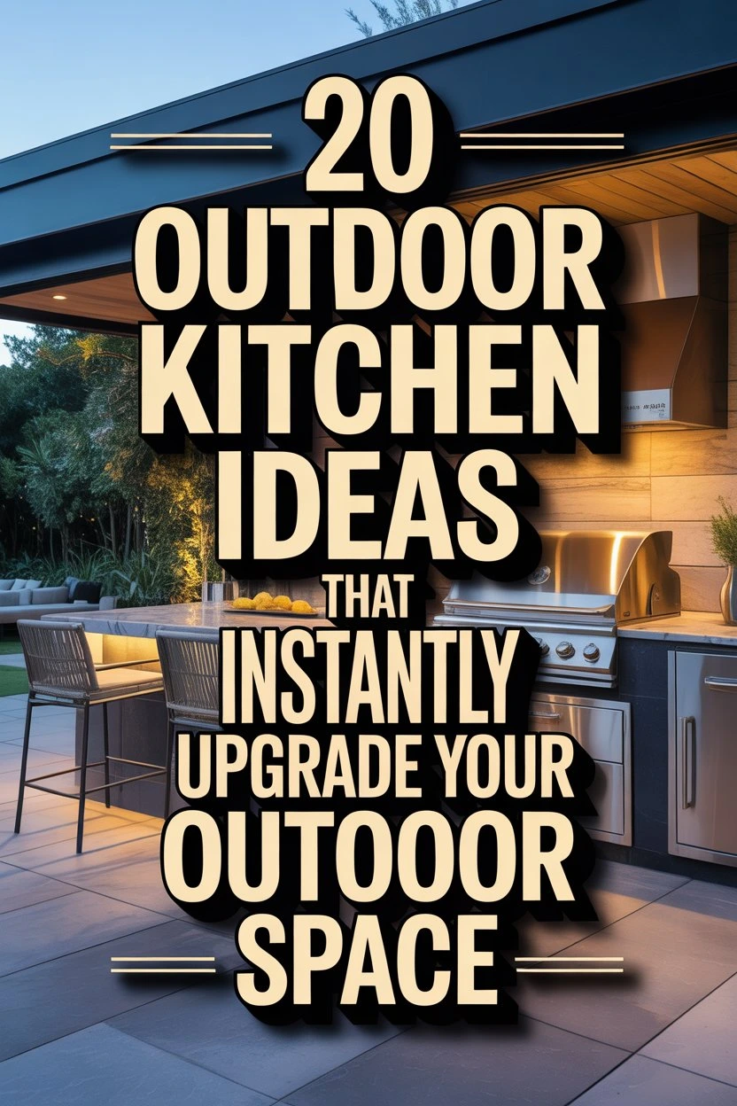 Modern outdoor kitchen with built-in grill and stylish patio seating at sunset