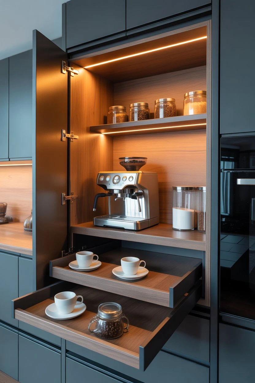 Built-in coffee station in kitchen cabinet with hidden storage