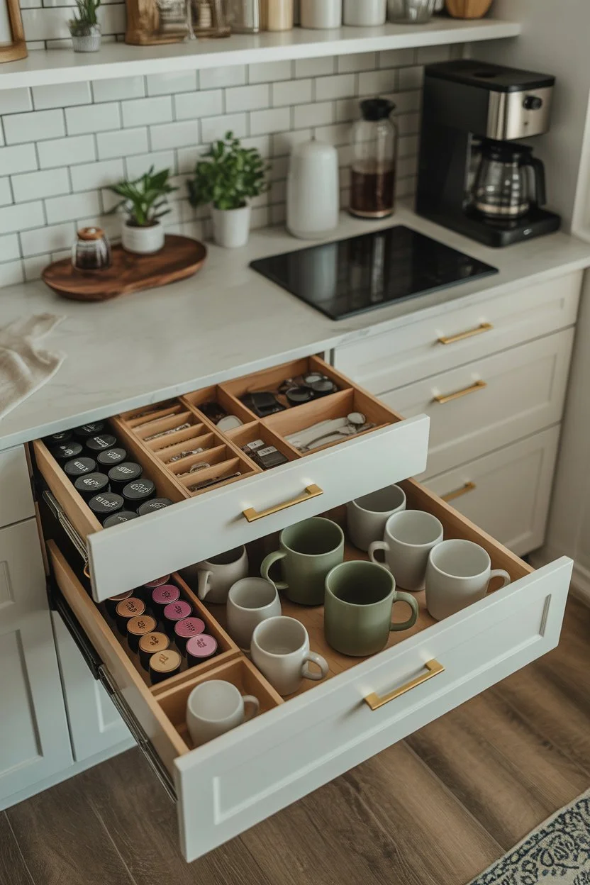 Coffee bar with hidden storage keeping kitchen clutter-free