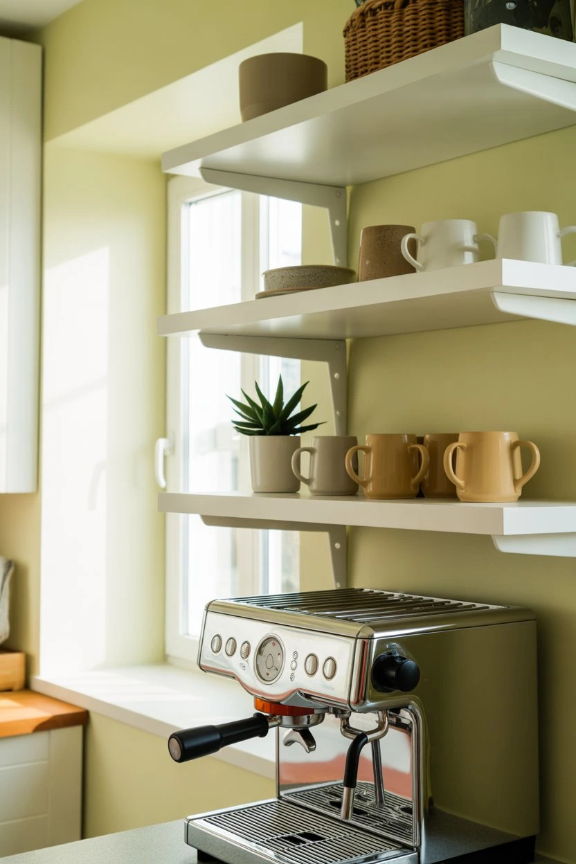 Compact corner coffee bar setup in a small kitchen with shelves and espresso machine.