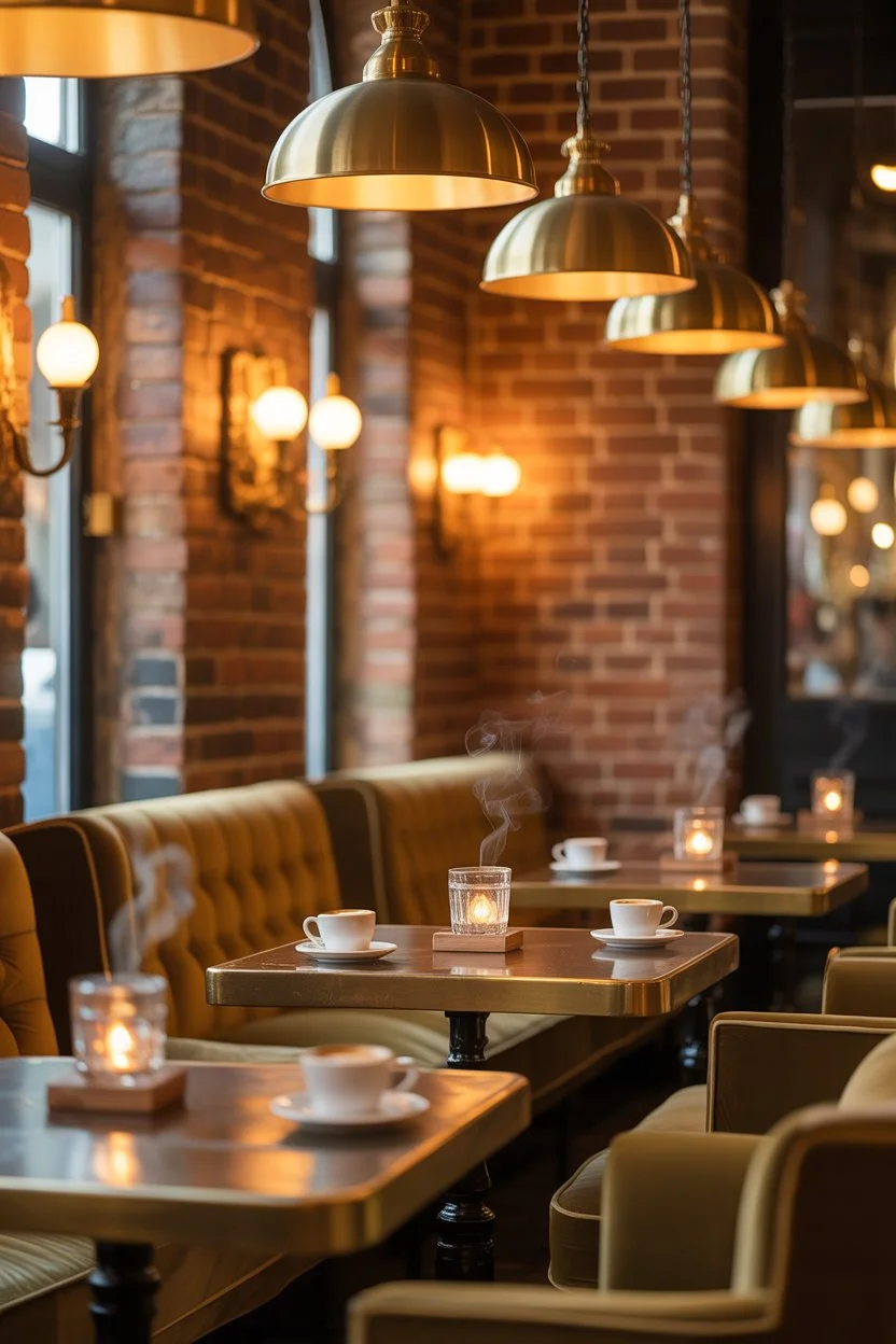 Cozy coffee shop with layered ambient lighting