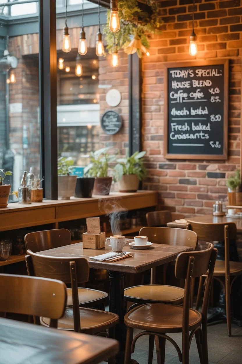 Cozy coffee shop with wooden furniture and textured walls