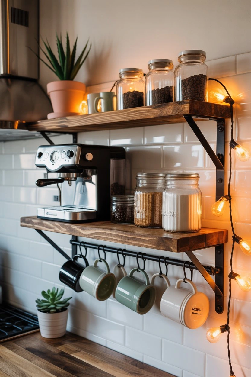 DIY coffee bar setup in a small space with repurposed furniture