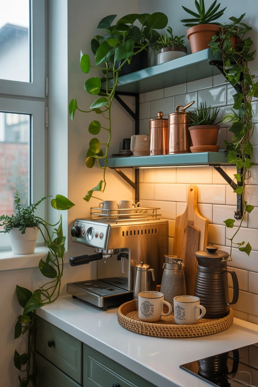 Mini coffee nook with mugs, trays, and plants in a small space