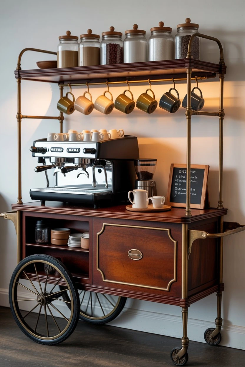 Mobile coffee cart setup for small spaces with coffee accessories