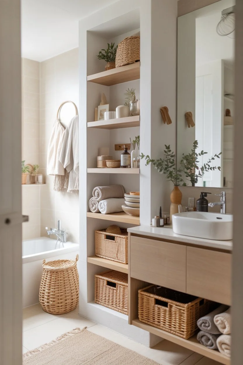 small modern bathroom with open shelves and wicker baskets