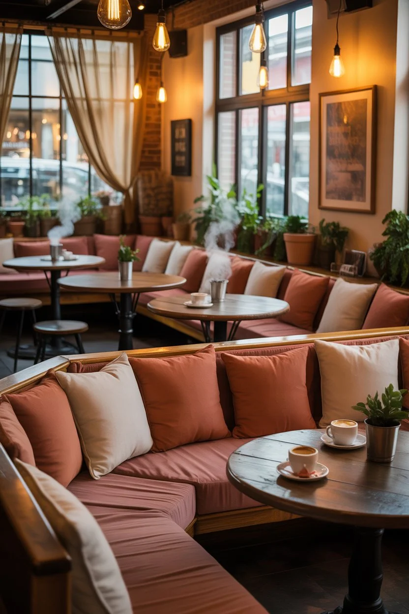 Small coffee shop seating arrangement with wall benches and cozy tables