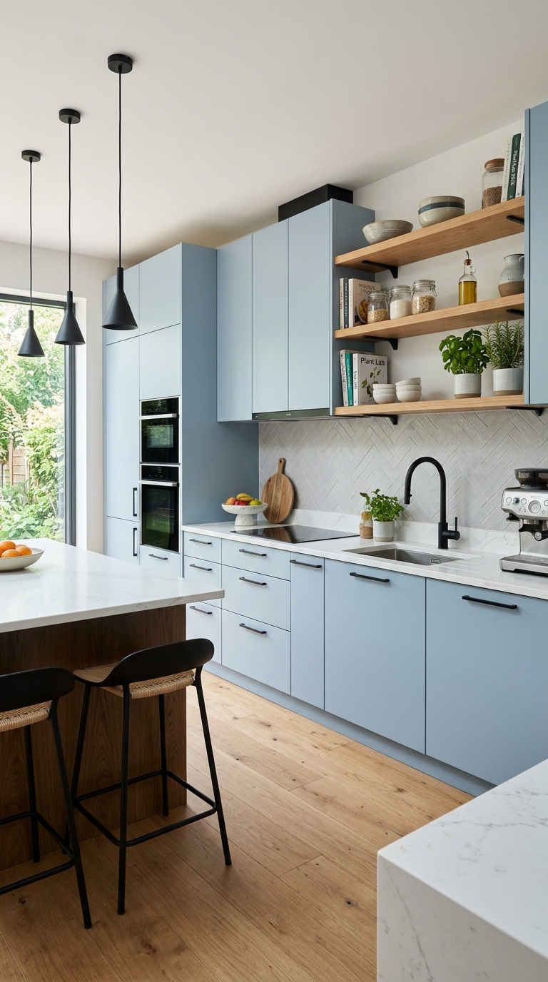 Trending light blue wood and black hardware kitchen combo