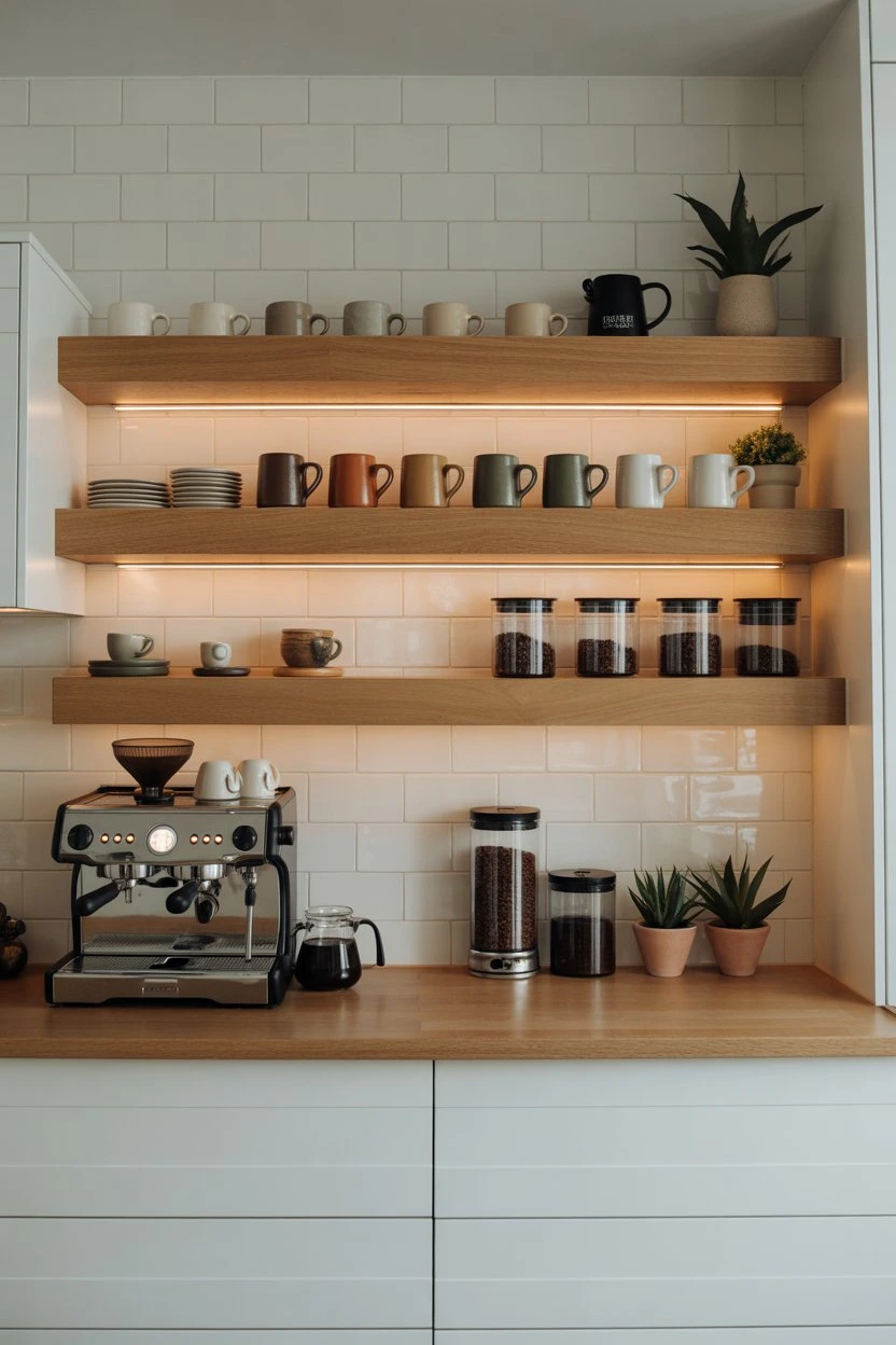 Wall-mounted coffee bar setup with floating shelves and coffee accessories