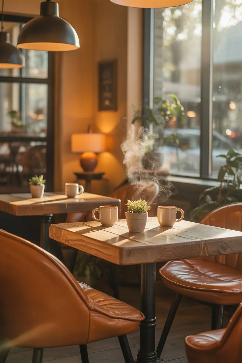 Warm neutral color palette in a small cozy coffee shop
