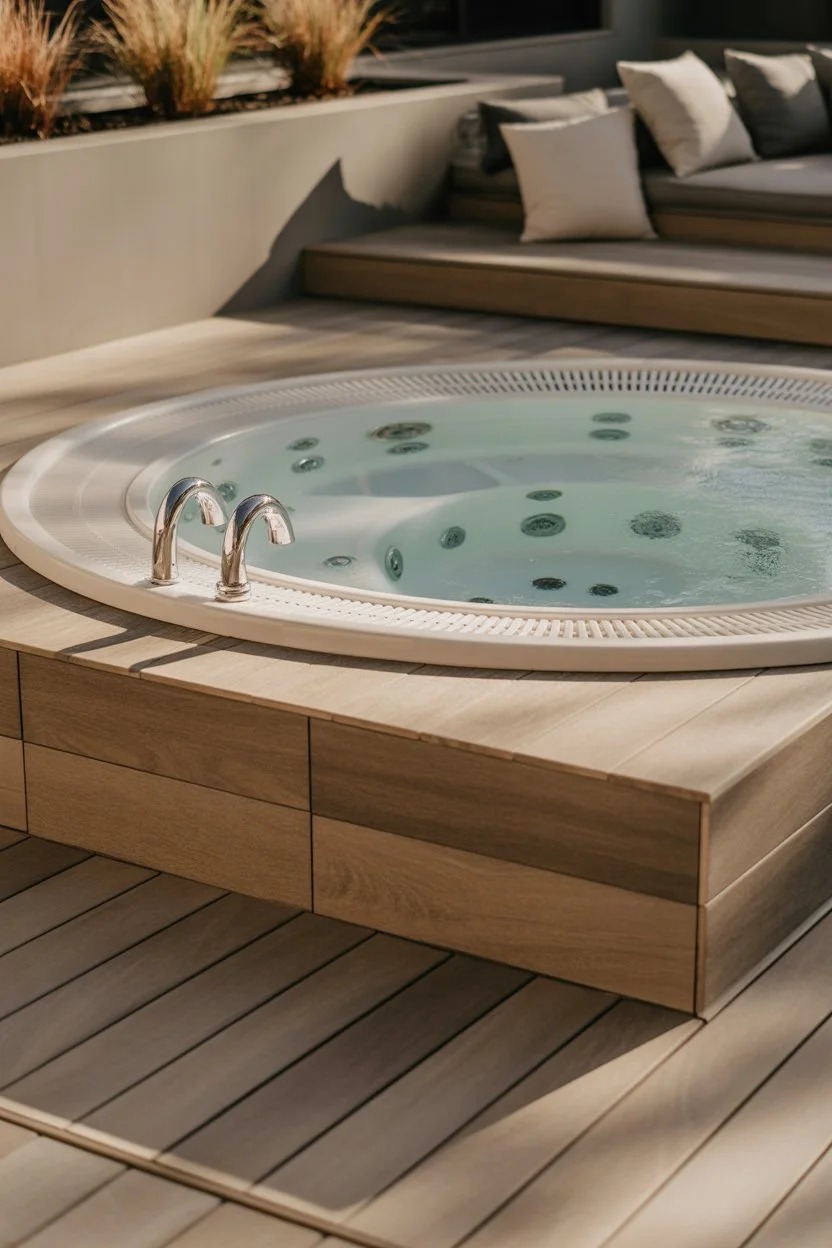  Luxury round outdoor jacuzzi with minimalist wooden platform