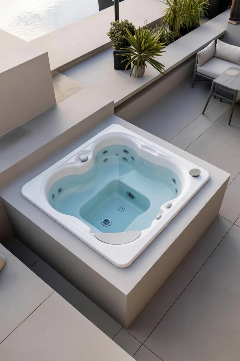 Modern outdoor jacuzzi with wooden deck and warm LED lighting