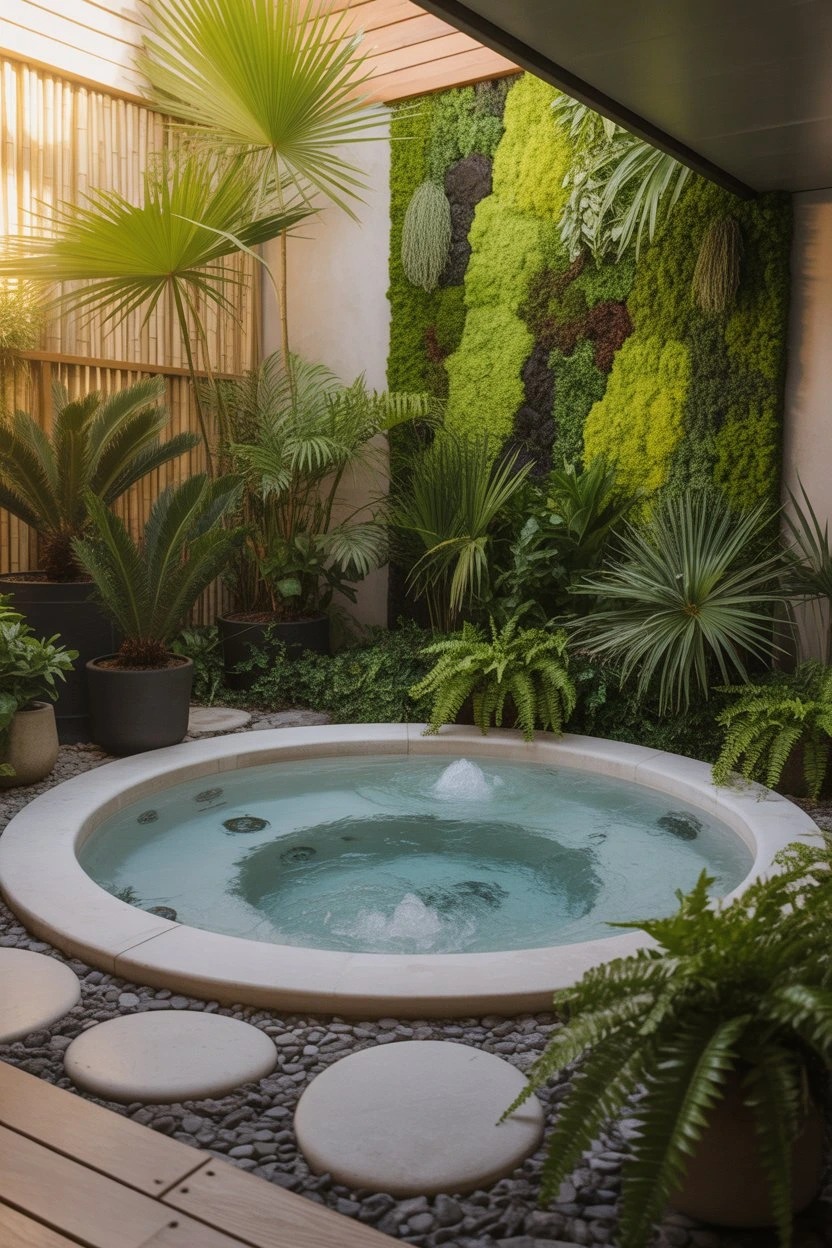  Small garden jacuzzi with tropical plants and green wall