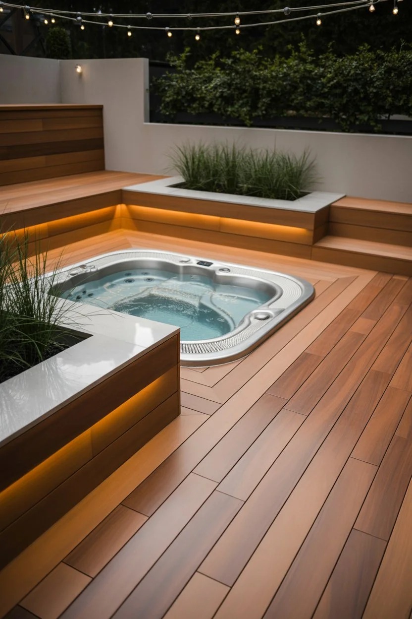 Modern outdoor jacuzzi on terrace with clean and minimal design