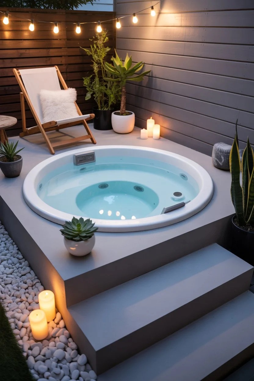 Modern small backyard jacuzzi with candles and stylish budget design