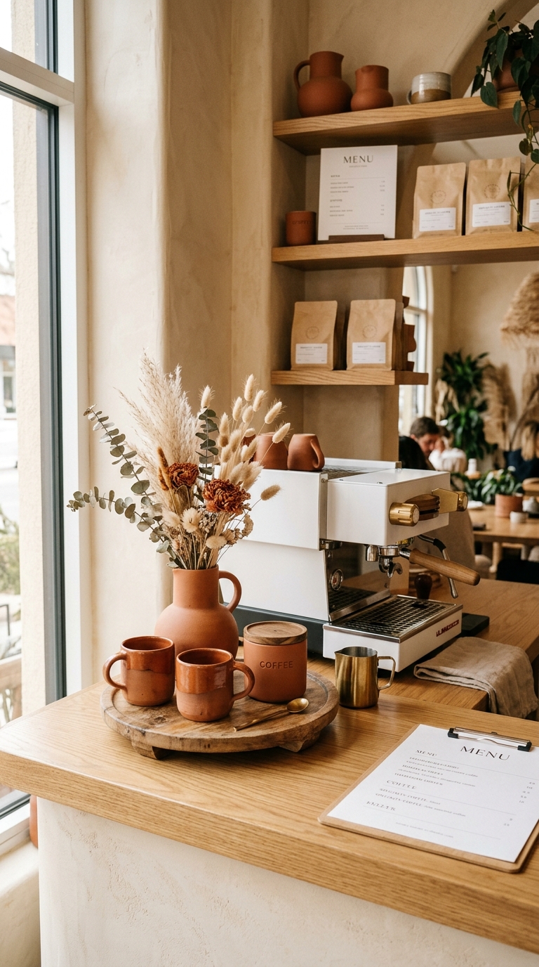 Aesthetic coffee bar in cream and terracotta color palette with white espresso machine, ceramic mugs, and wooden tray