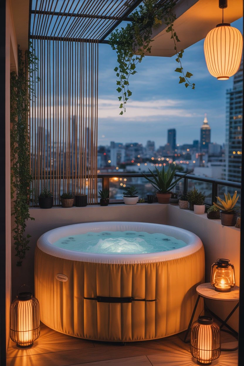 Apartment balcony jacuzzi with city view and ambient lights