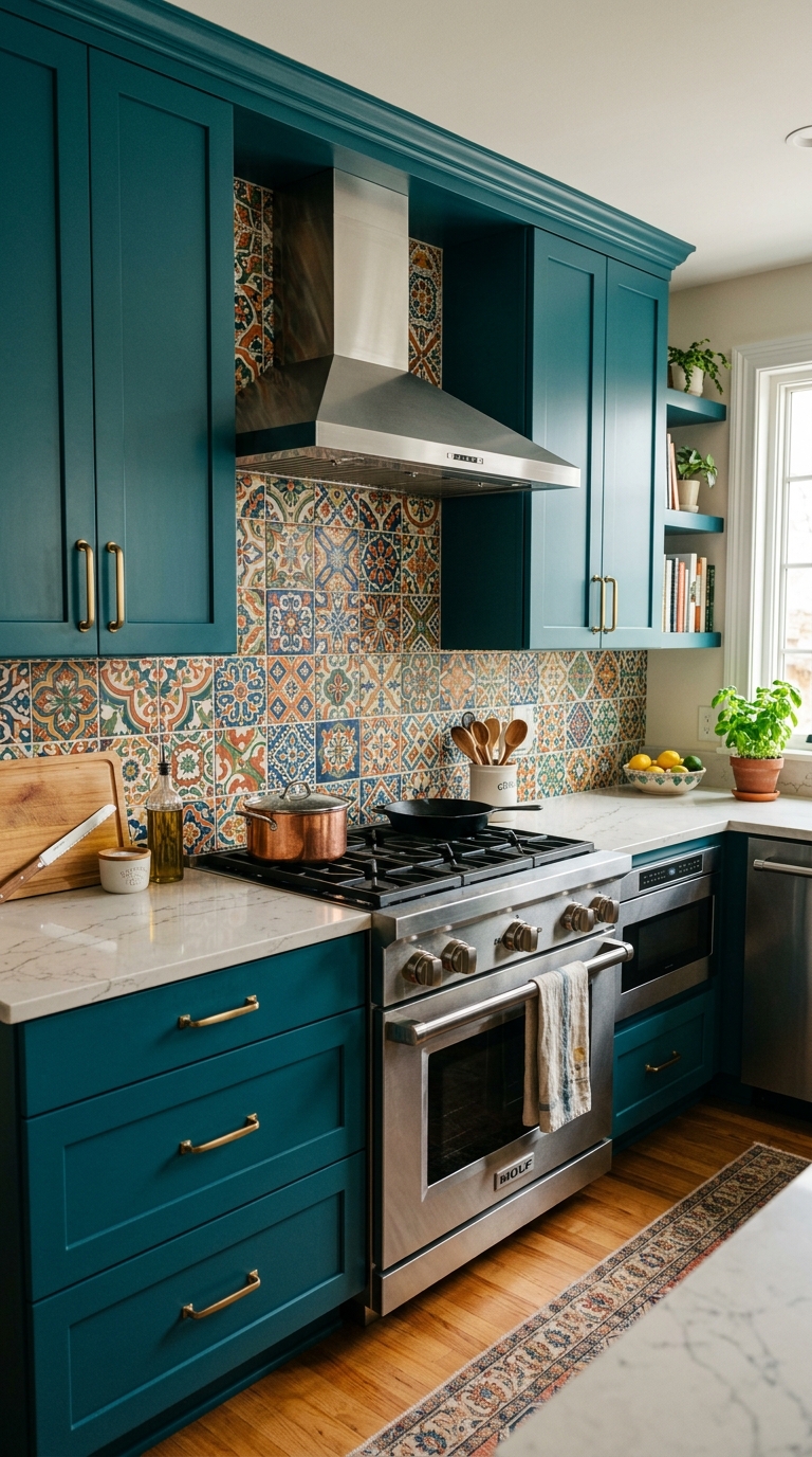 Blue kitchen cabinets with white subway tile backsplash