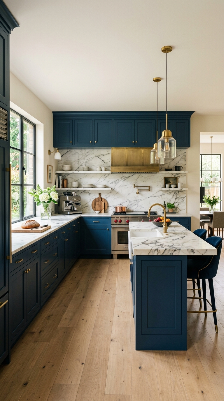 Blue kitchen cabinets with white marble countertops