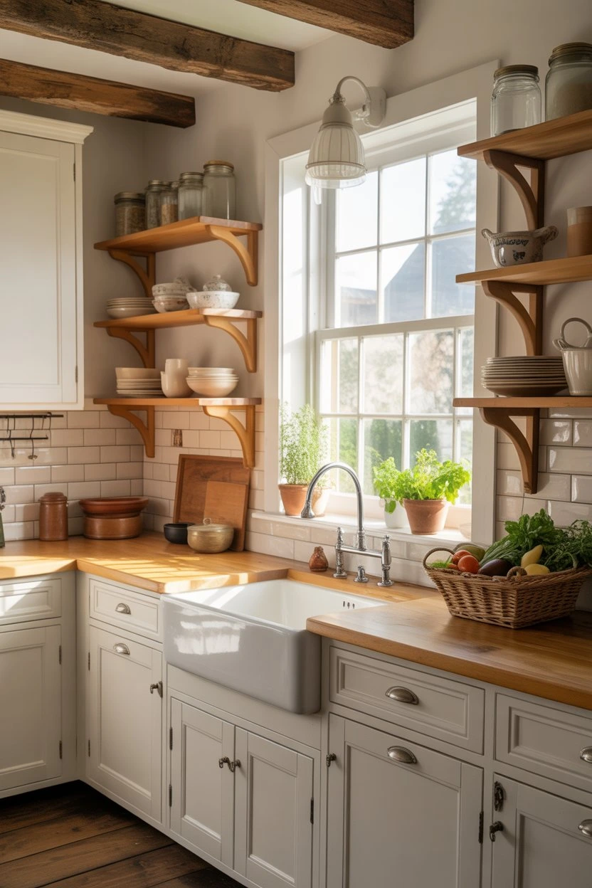 Bright farmhouse kitchen with white cabinets, wooden countertops, open shelves, and farmhouse sink near window.