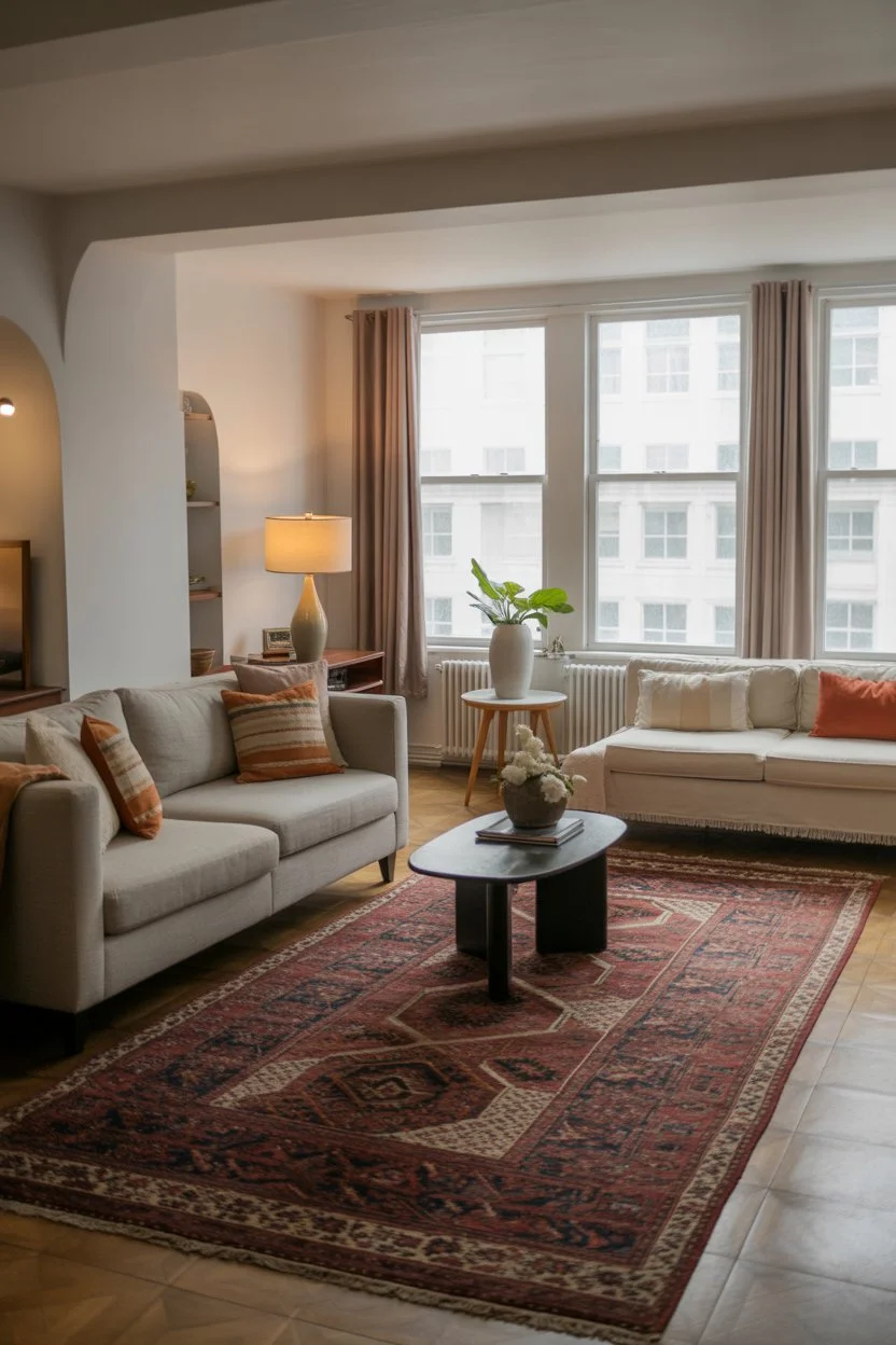 Cozy modern rental living room with neutral sofas, area rug, and natural light